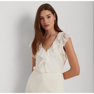 Lauren Ralph Lauren Patchwork Tulle Gauze Blouse Ivory Lined Tank Size M